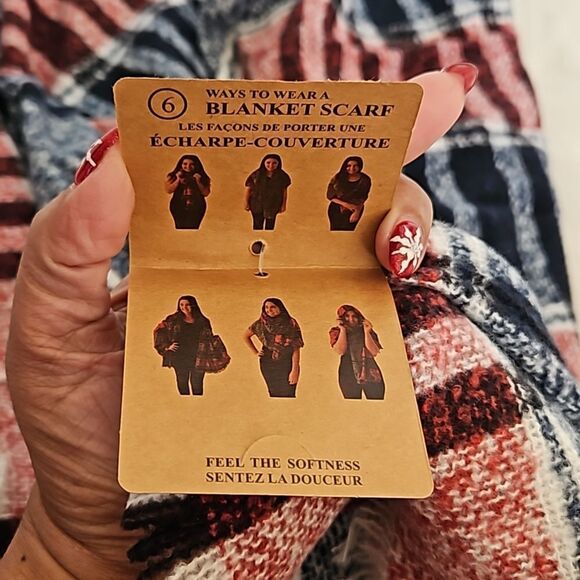 Just Cozy Blanket Fringed Scarf Red & Blue - Picture 5 of 16